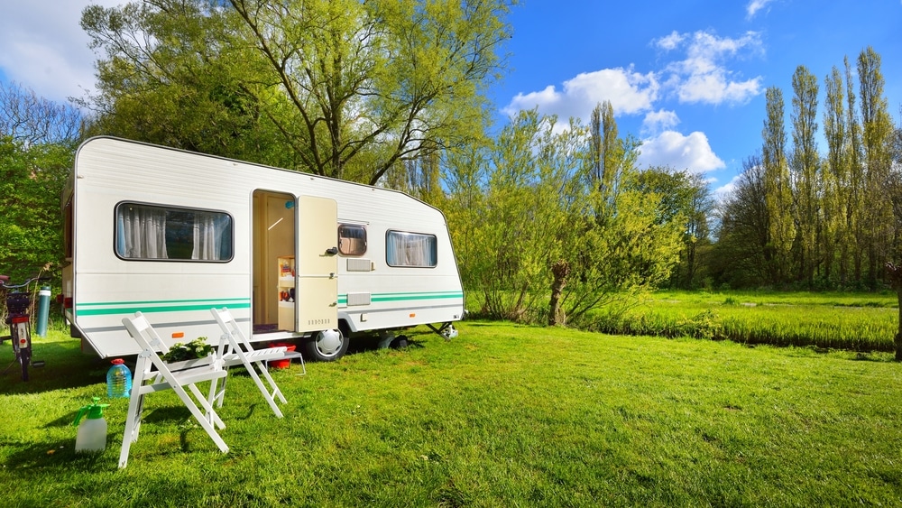 Caravan set up in a field